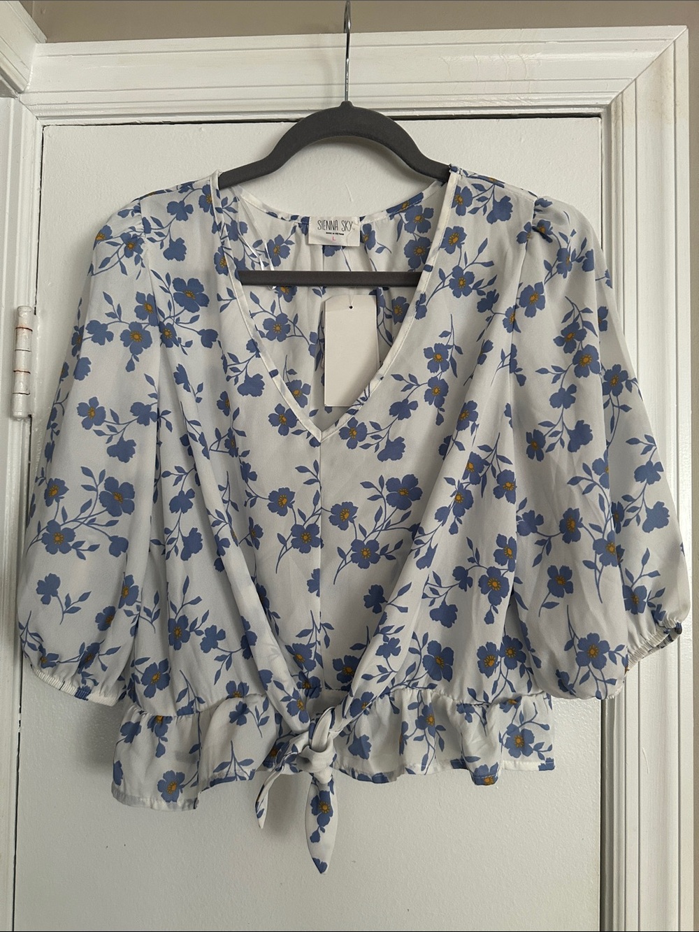 Sezane Blue Floral Tie-Front V-Neck Top